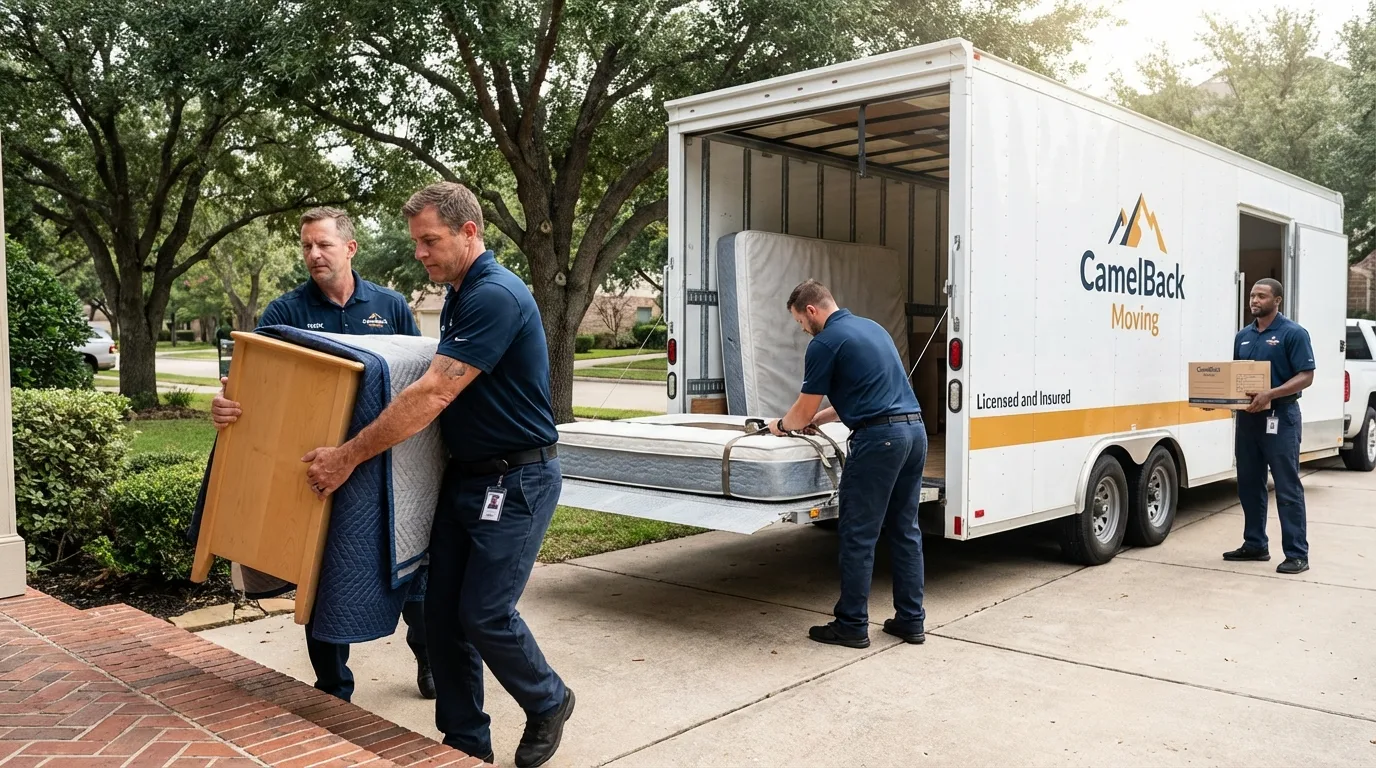 Crew loading residential truck for cross-state move from Shelley, ID