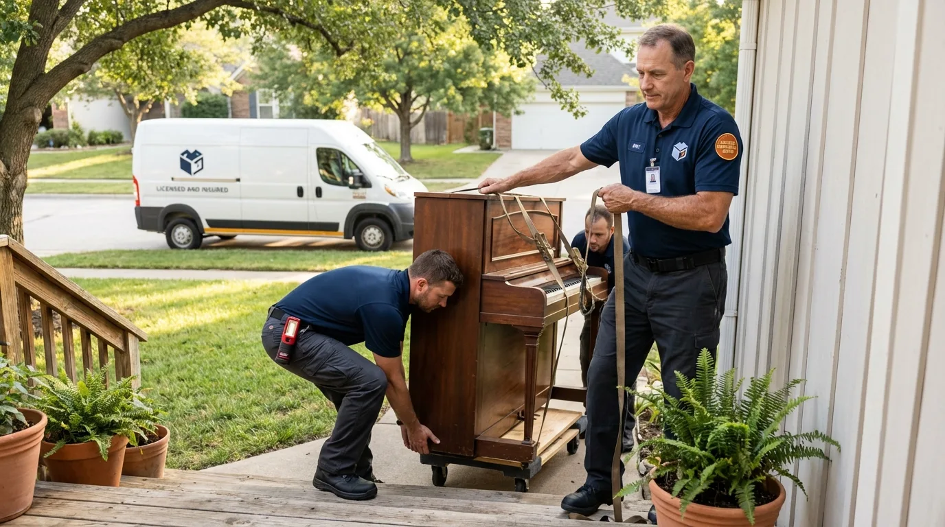 Licensed piano movers securing grand piano in Shelley, ID