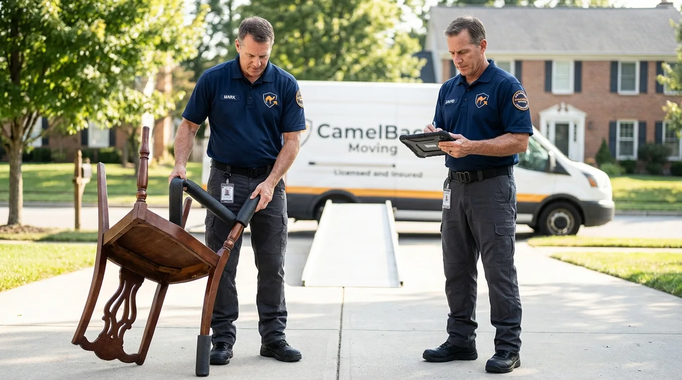 Movers inspecting furniture for damage prevention before loading in Shelley, ID