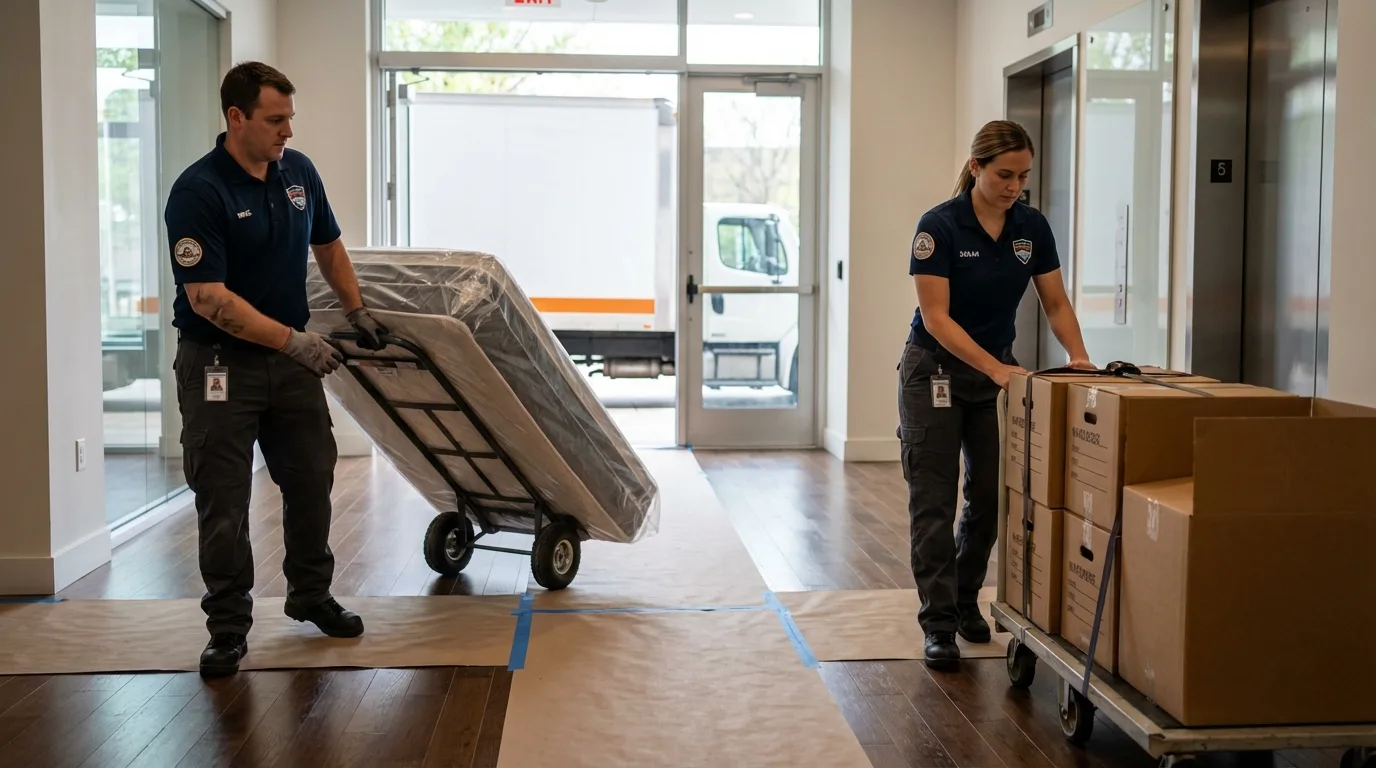Professional apartment movers loading elevator in Shelley, ID