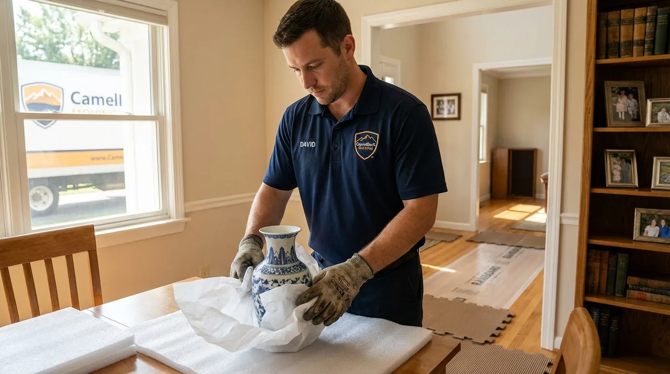 Professional crew carefully wrapping antique vase for senior downsizing move in Shelley, ID